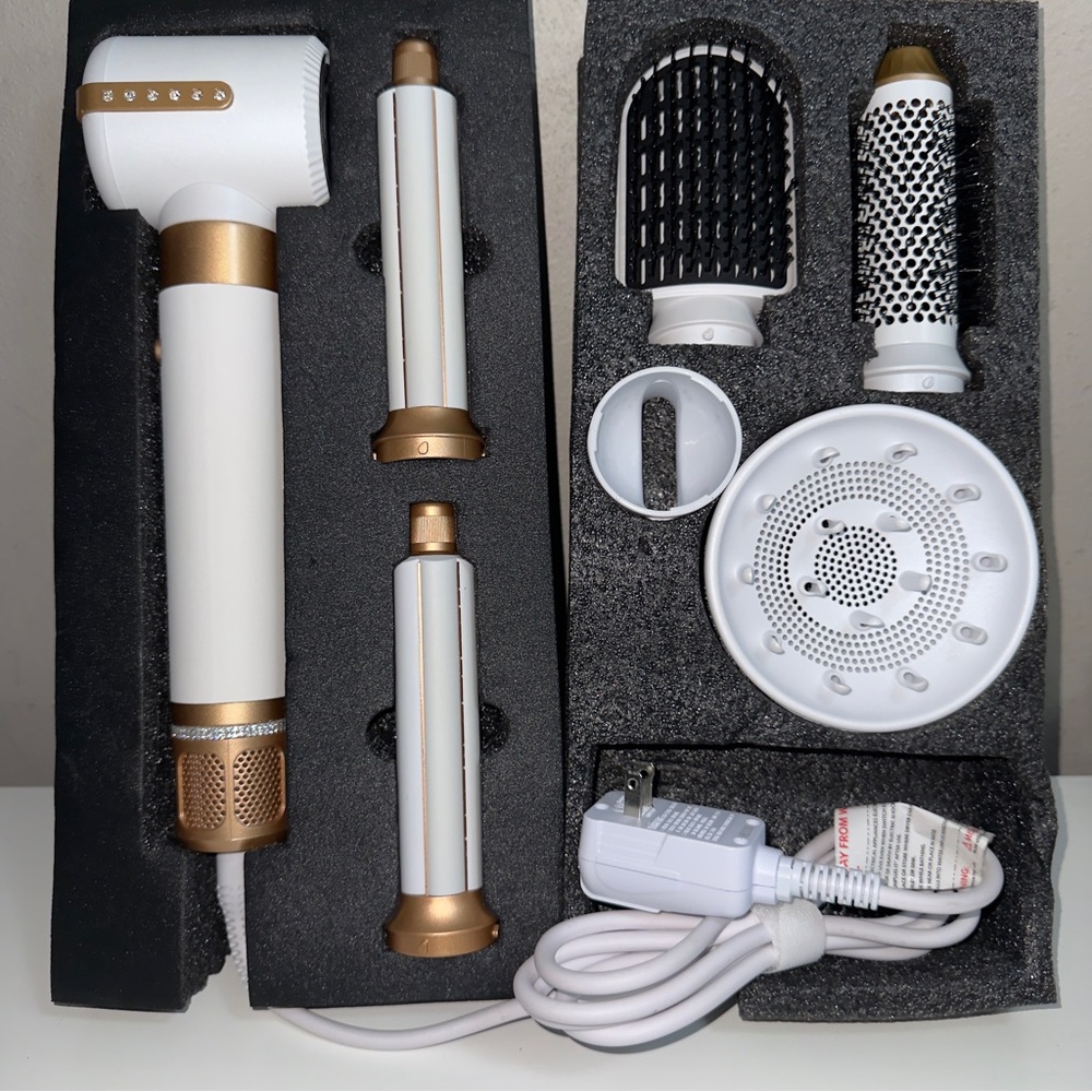 White and Gold 6-Piece Hair Styling Set - Multi-Function Dryer & Brushes
